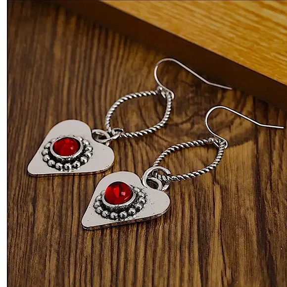 Silver Heart Boho Dangle Earrings - Picture 4 of 6